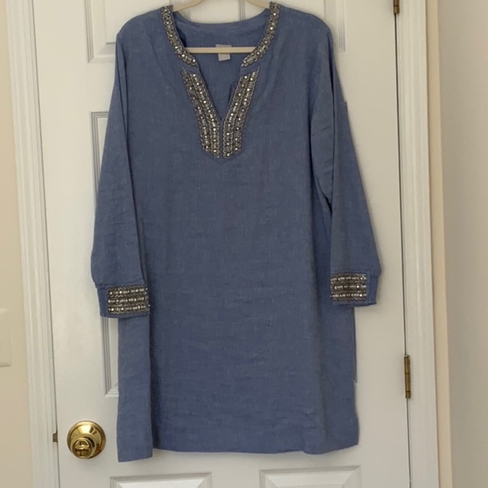 Chico's Blue Long Sleeve Dress with Silver Accents
